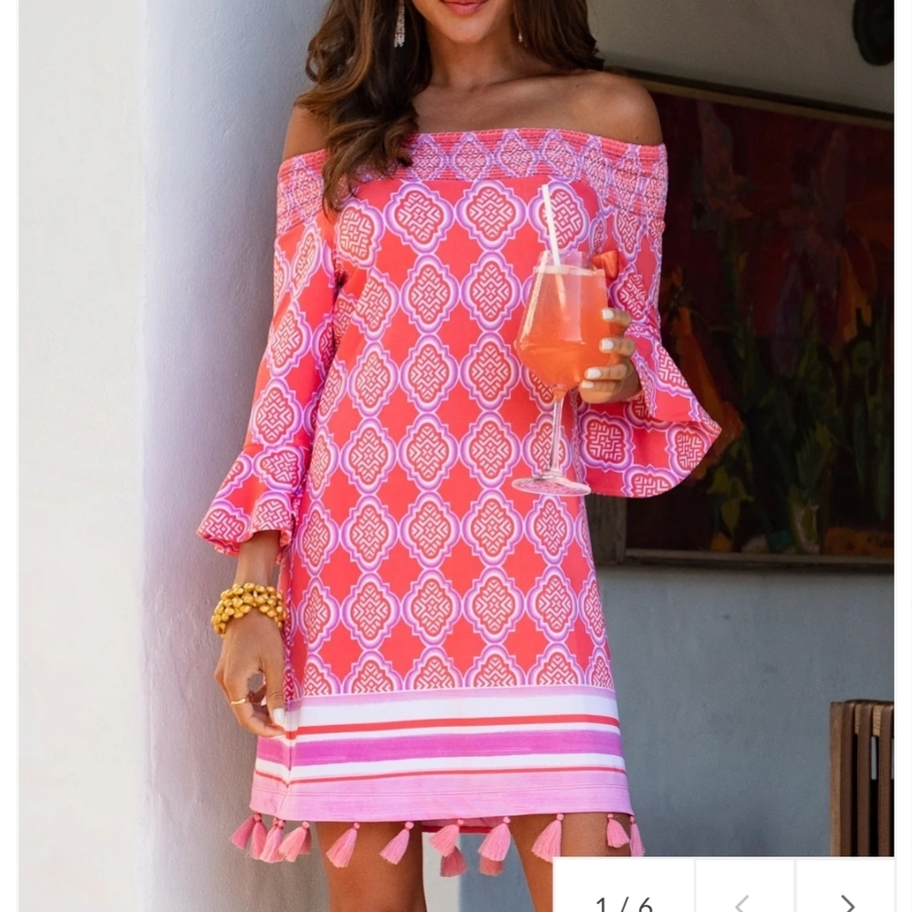Cabana Life NWT Coral Beach Vacation Smocked Off The Shoulder Dress Size M